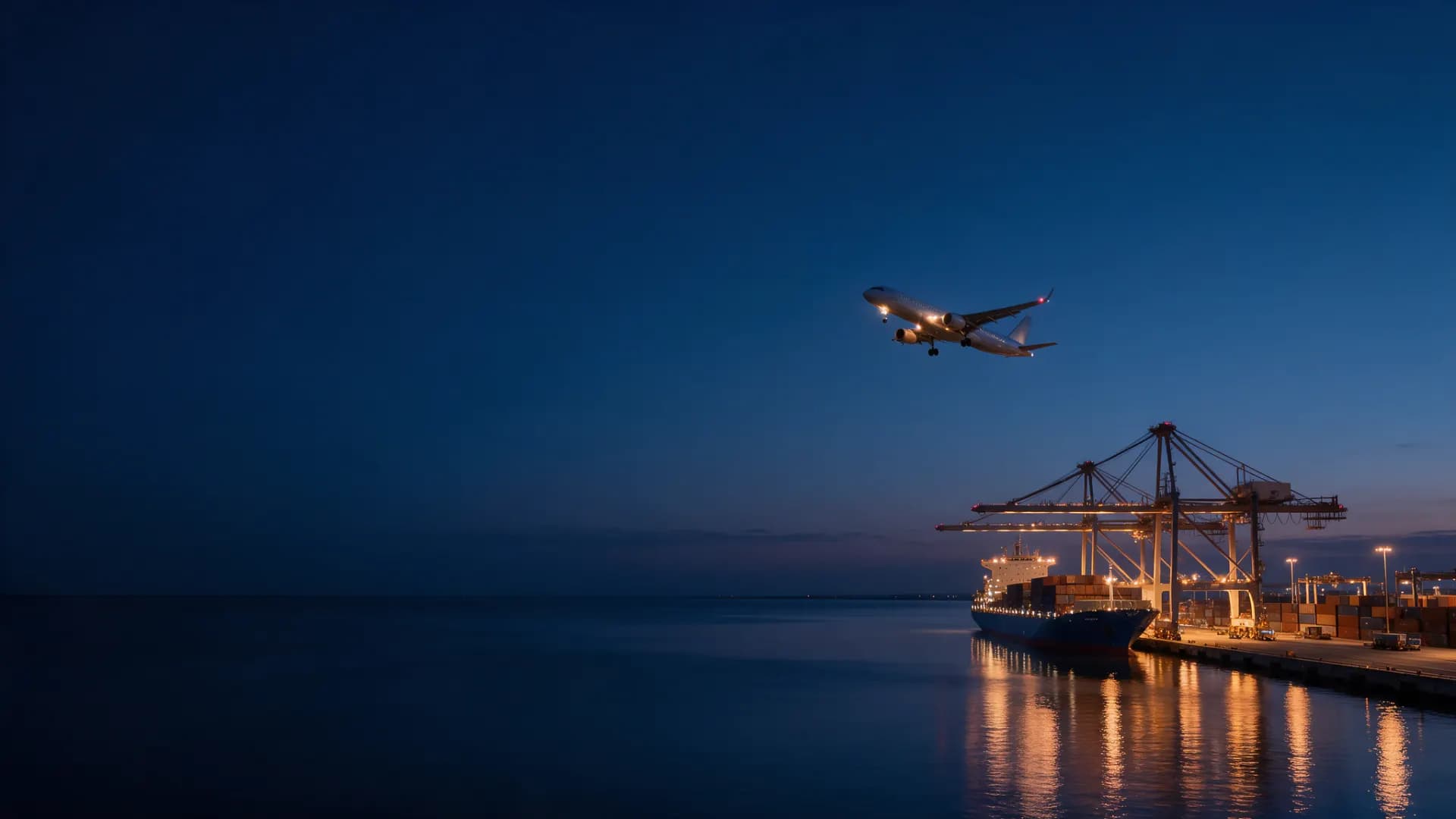 A passenger aircraft climbing over a merchant vessel and container port at blue hour