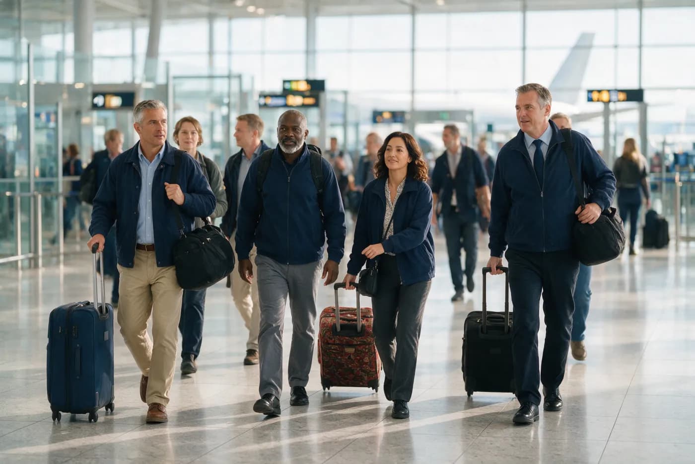 Officers and crew with luggage walking together through an airport terminal at the start of a joining journey